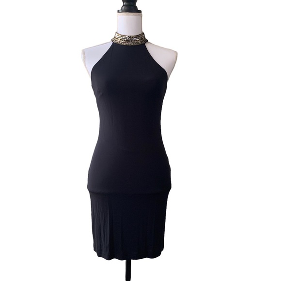 BEBE EMBELLISHED HIGH NECK BLACK BODYCON MINIDRESS - Picture 4 of 16